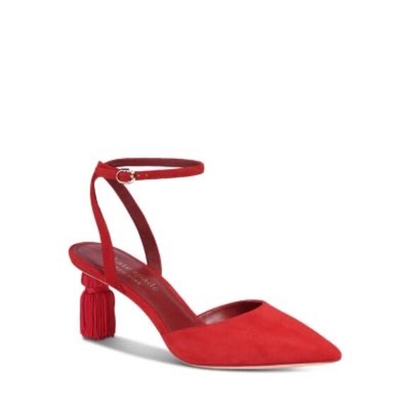 Kate Spade Voila Pumps Red Tassel Suede Pointed Toe Kitten Heels Size 10 - Picture 1 of 9